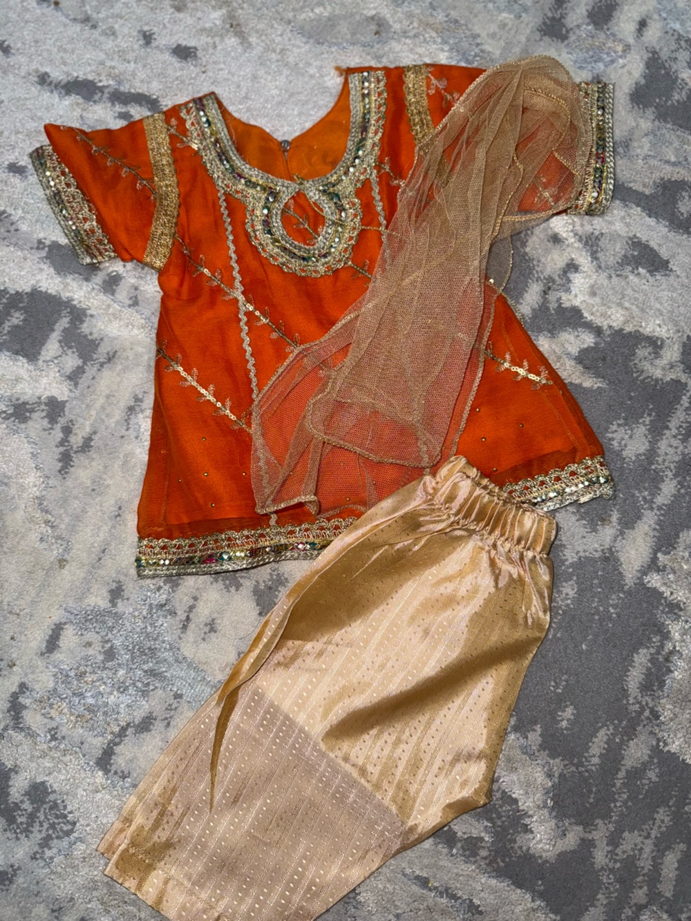 Embellished Orange and Gold Ethnic Top with Sheer Scarf